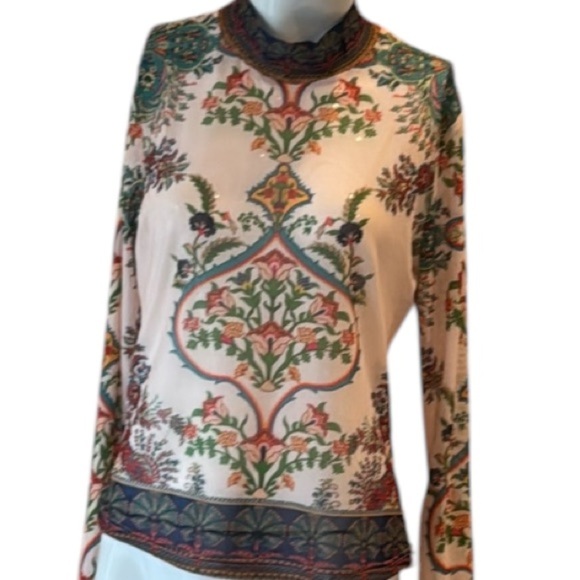 Peach Cream Multi Romantic Floral Mesh Mock Neck Long Sleeve Top Size Large - Picture 6 of 11